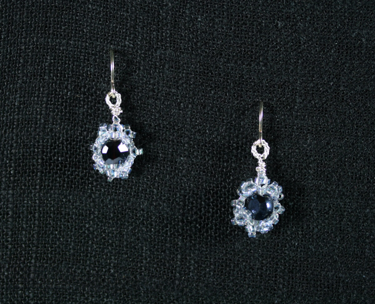 Silver & Jet Black-Blue Flower Earrings
