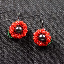 Red and Magnetite Seed Bead Flower Earrings 1
