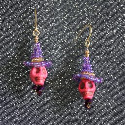Pink Skull Purple Witch Hat Earrings 1