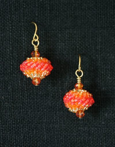 Beaded Bead Earrings – Pink & Gold with Orange