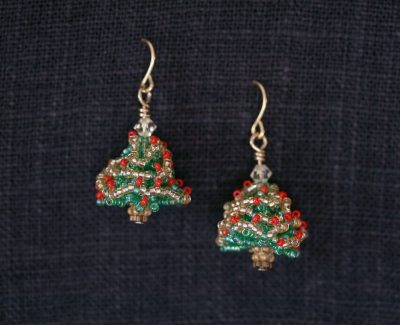 Seed Bead Christmas Tree Earrings (Red and Gold)