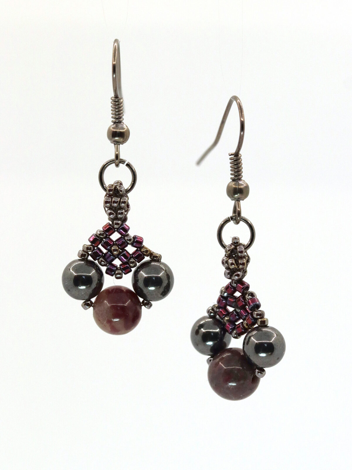 Purple Tourmaline & Hematite Woven Drop Earrings