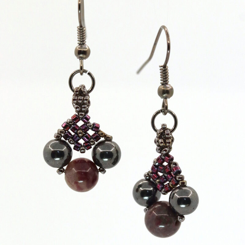 Purple Tourmaline & Hematite Woven Drop Earrings