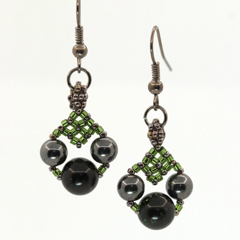 Green Goldstone & Hematite Woven Drop Earrings