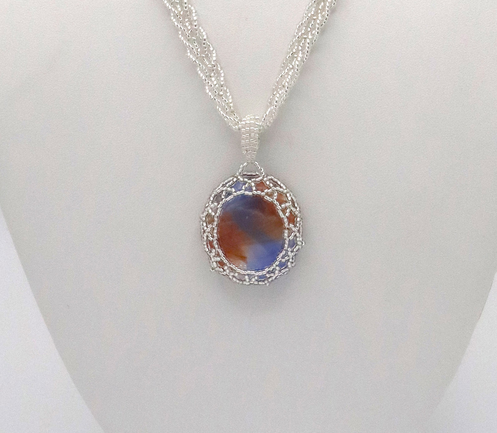 Silver Braided Chain Necklace – Blue & Orange Art Glass Cabochon