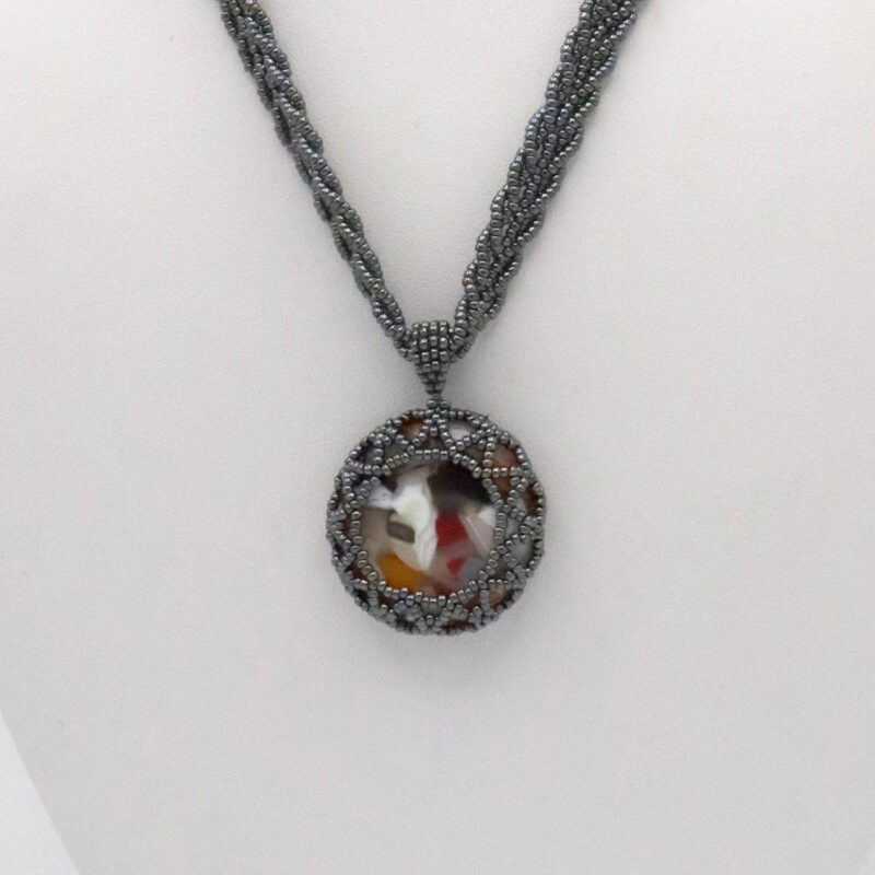 Gunmetal Braided Chain Necklace – Multicolored Art Glass Cabochon