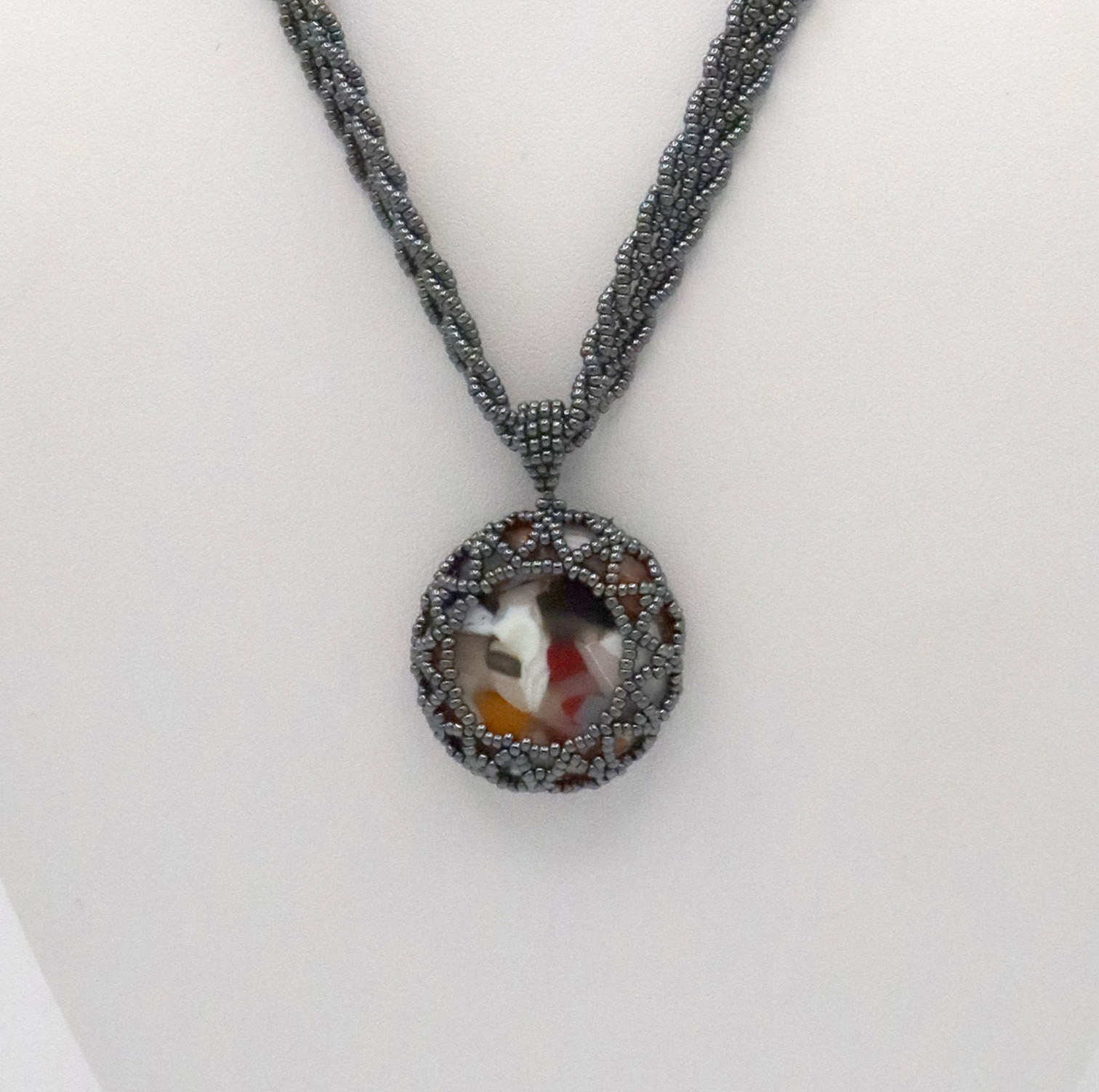 Gunmetal Braided Chain Necklace – Multicolored Art Glass Cabochon