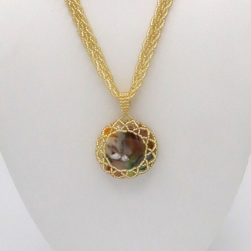 Gold Braided Chain Necklace – Multicolored Art Glass Cabochon