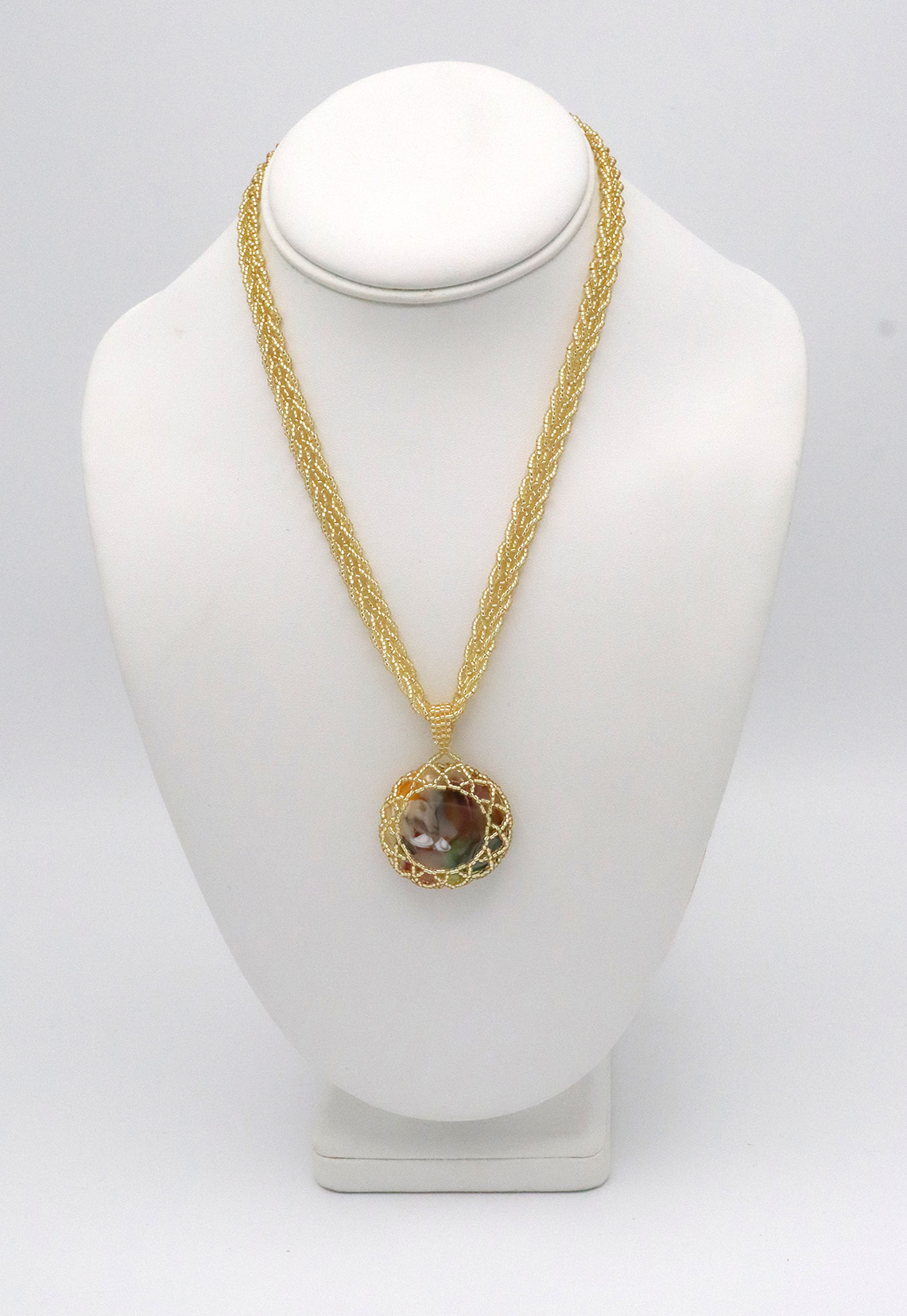 Gold Braided Chain Necklace – Multicolored Art Glass Cabochon