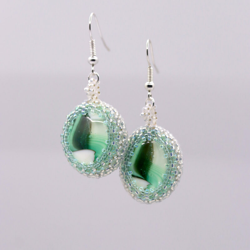 Art Glass Earrings – Green, White & Clear Swirls