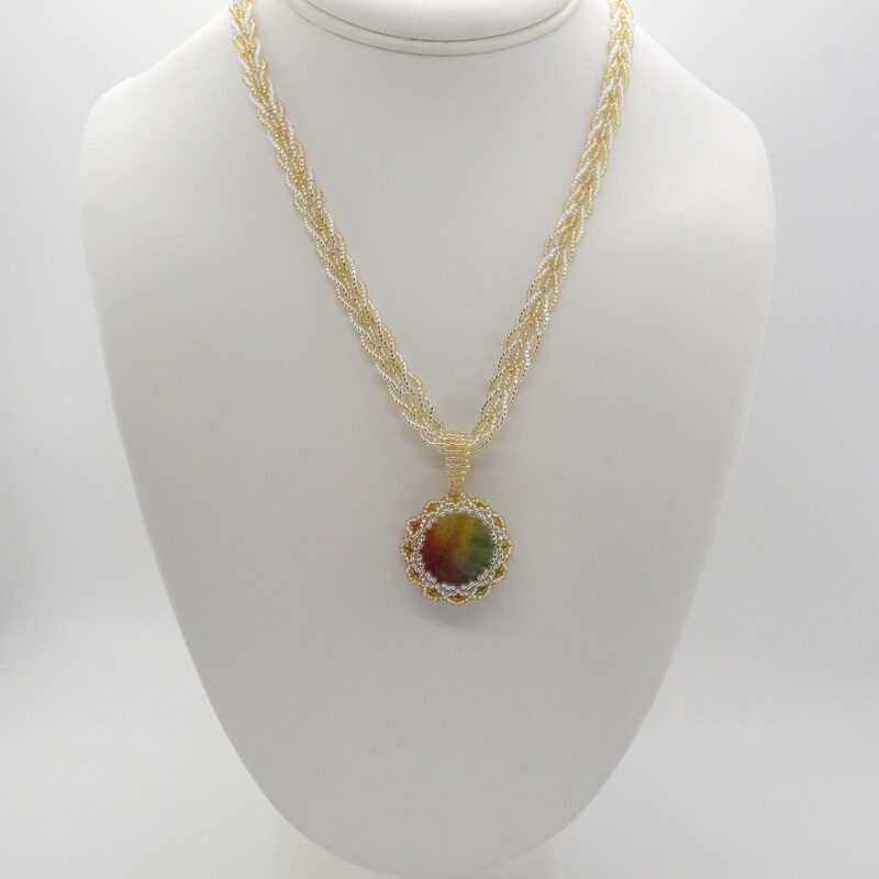 Gold & Silver Braided Chain Necklace – Rainbow Solar Quartz Cabochon
