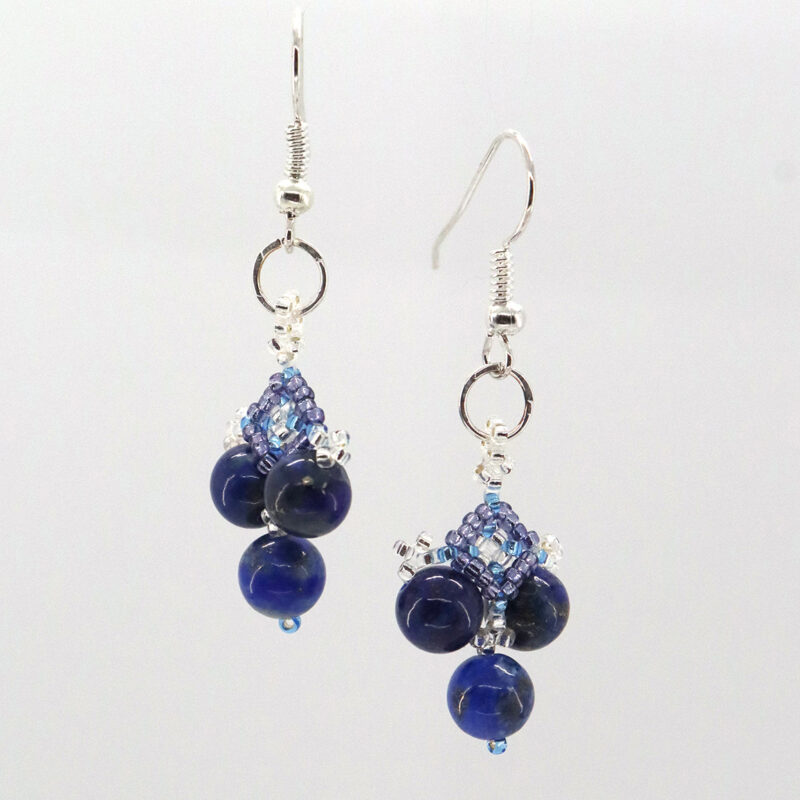Lapis Lazuli Tri-Bead Diamond Drop Earrings